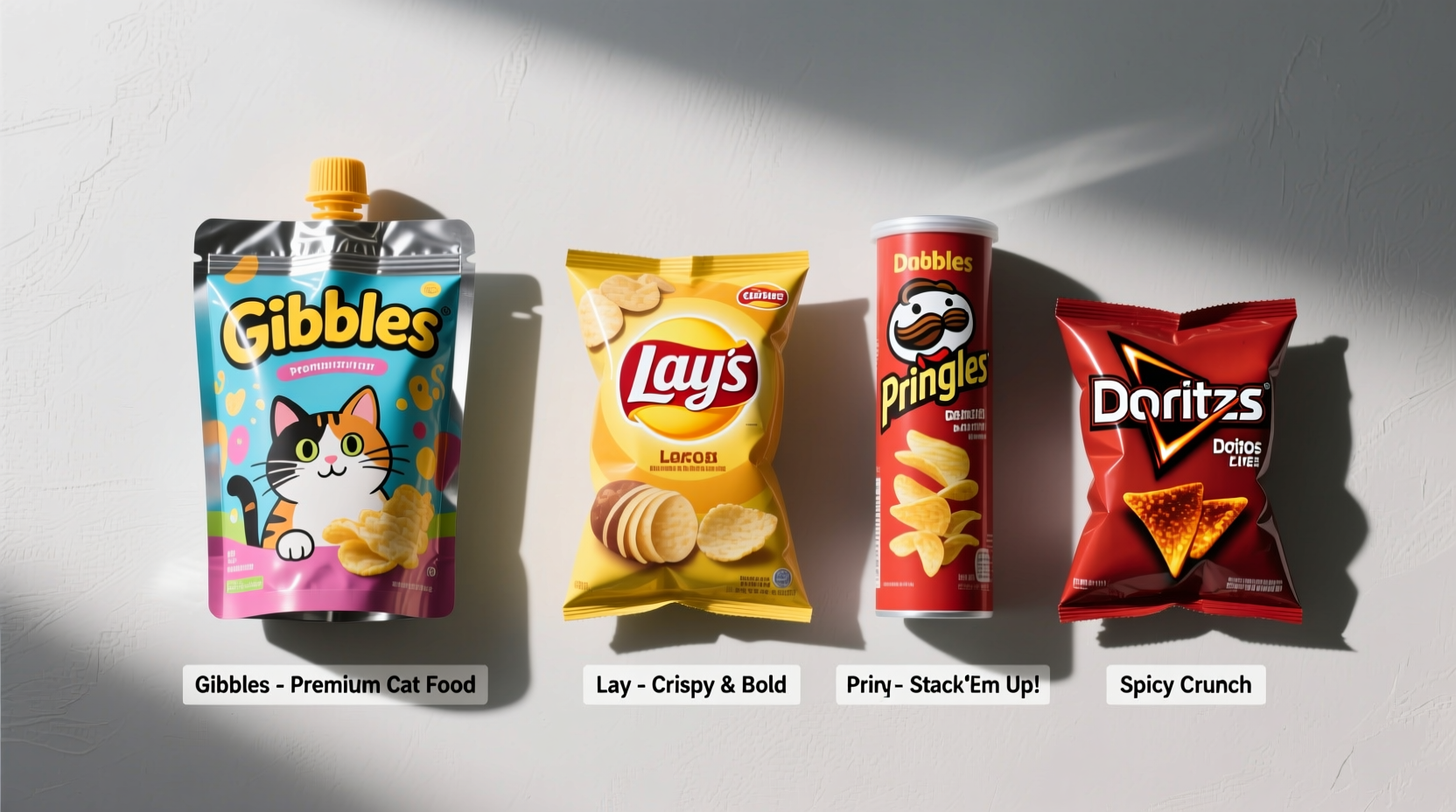 Side-by-side comparison of cat food Gibbles and popular potato chip brands