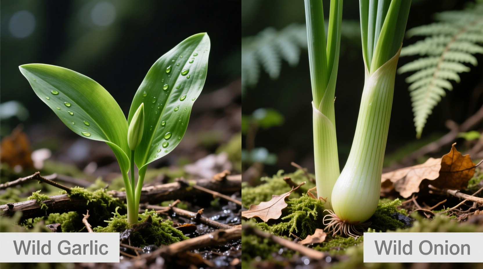 Close-up comparison of wild garlic flat leaves versus wild onion hollow stems