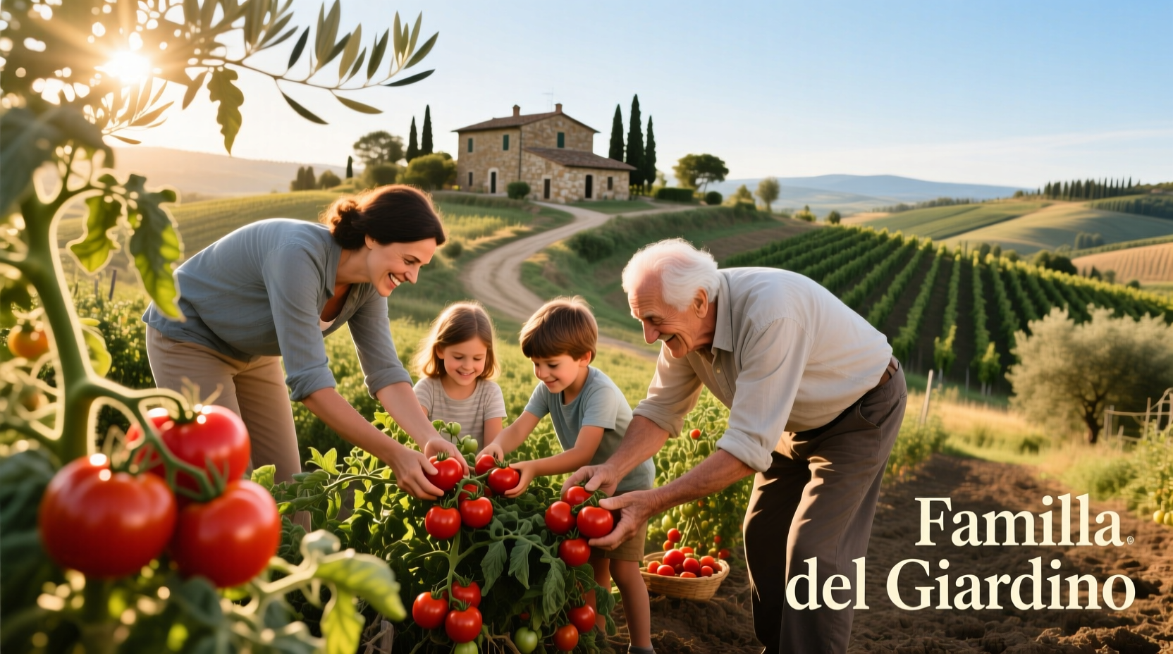 Family picking ripe tomatoes at a local farm