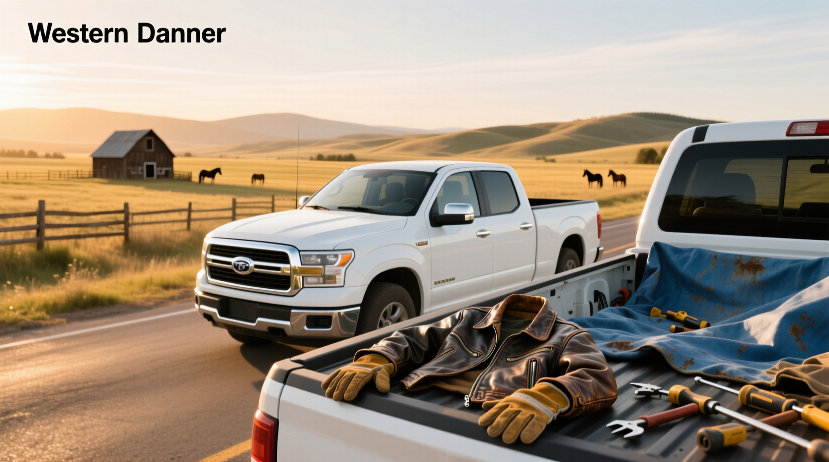 side view of a white pickup truck on a suburban street