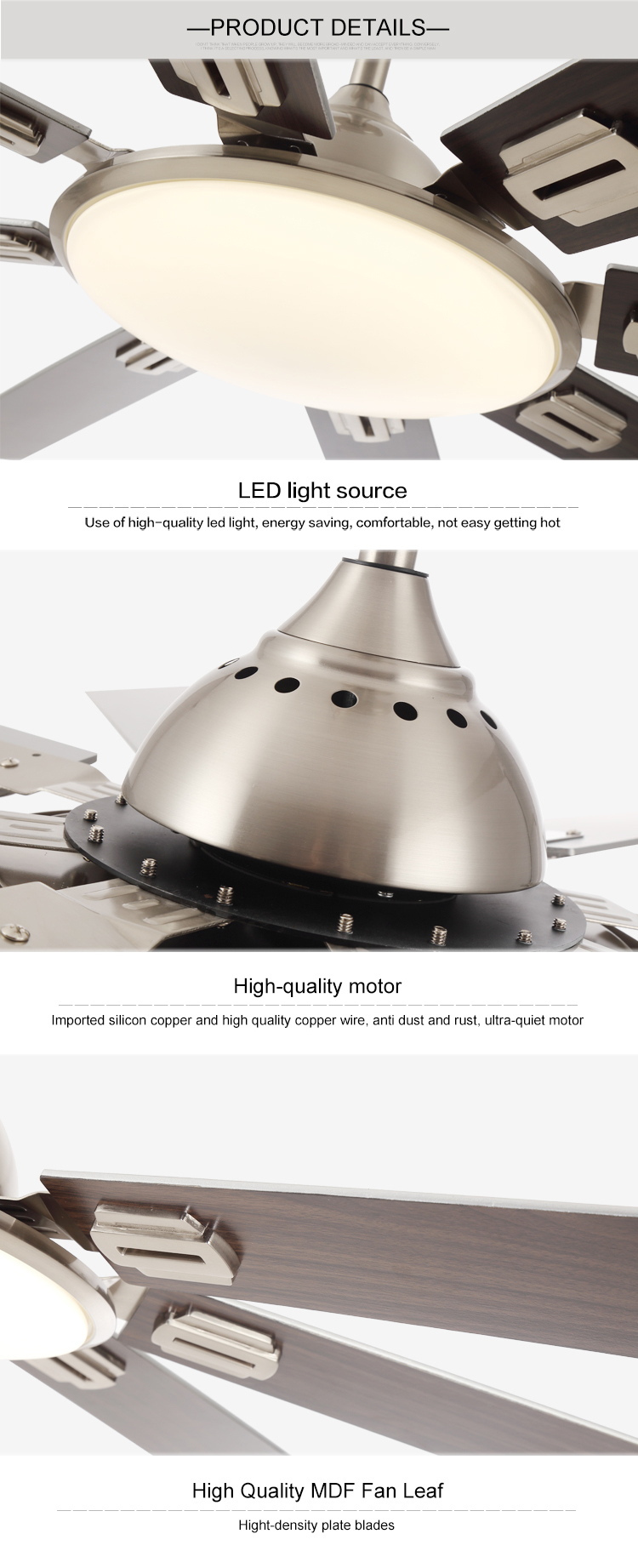 Breezelux big size 8 MDF blades DC motor 60'' ceiling fan with LED lamp