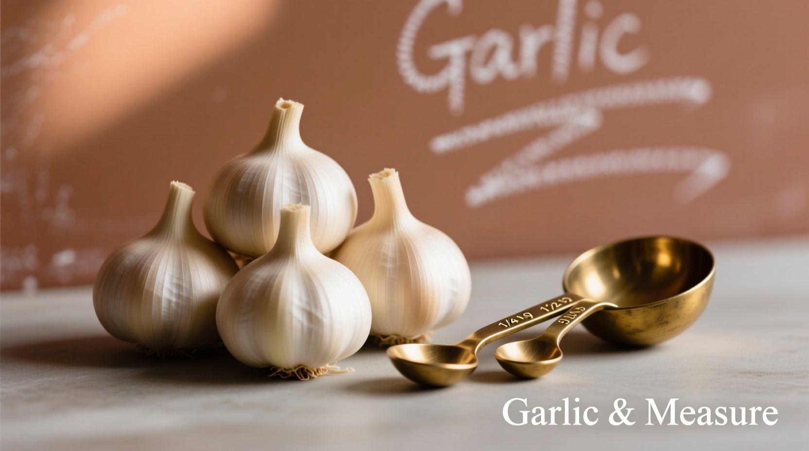 Five garlic cloves next to measuring spoons