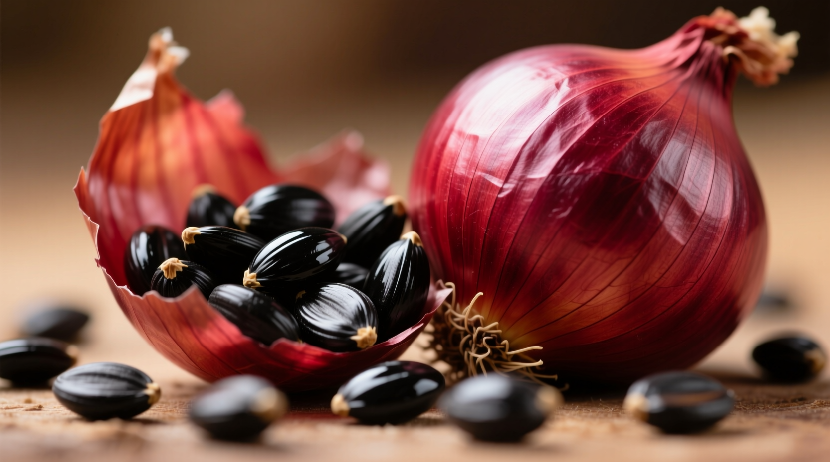 Close-up of black onion seeds next to mature red onion