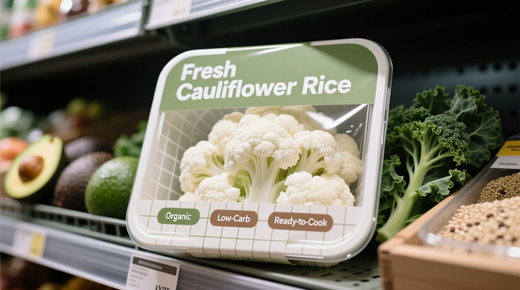 Fresh cauliflower rice in grocery store packaging