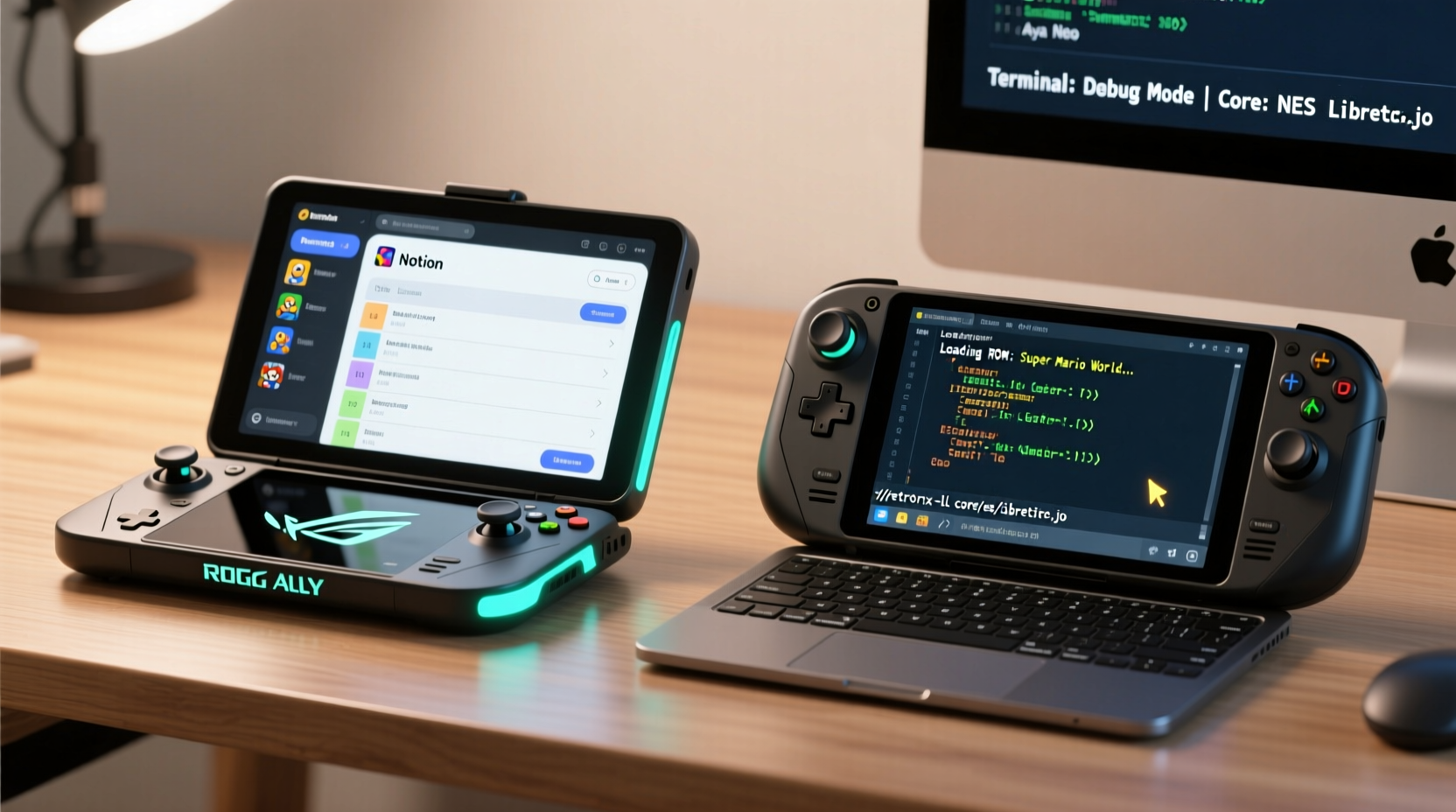 Side-by-side comparison showing ROG Ally open on a desk with Notion window and RetroArch sidebar active, versus Aya Neo displaying terminal commands mid-emulator debug session