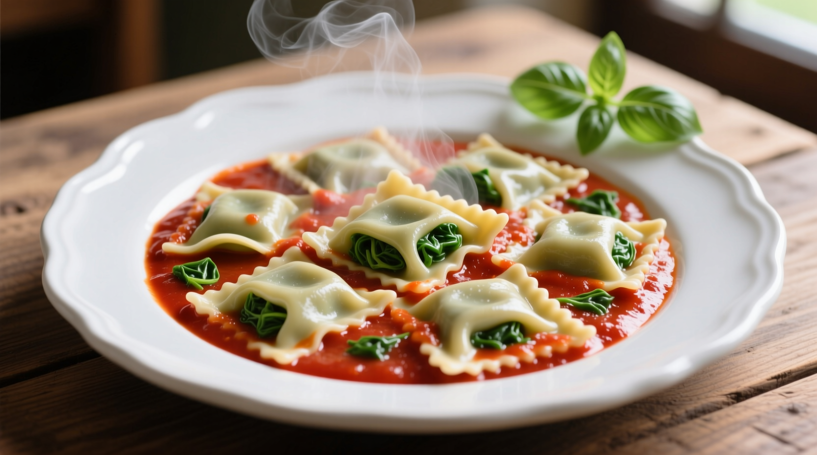 Steaming plate of cooked spinach ravioli with tomato sauce