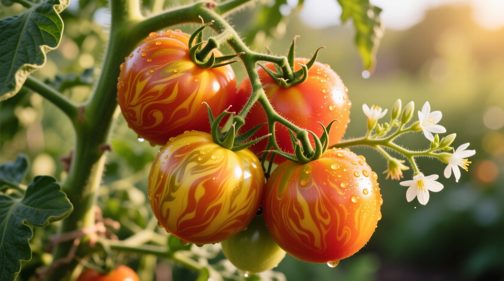Ripe pineapple tomatoes on vine with distinctive marbled appearance
