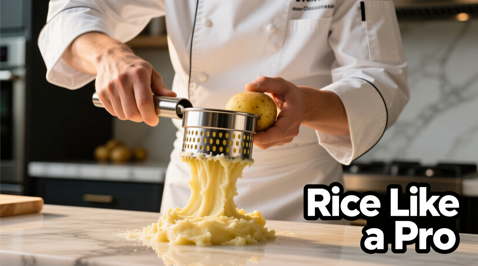 Chef demonstrating proper potato ricing technique
