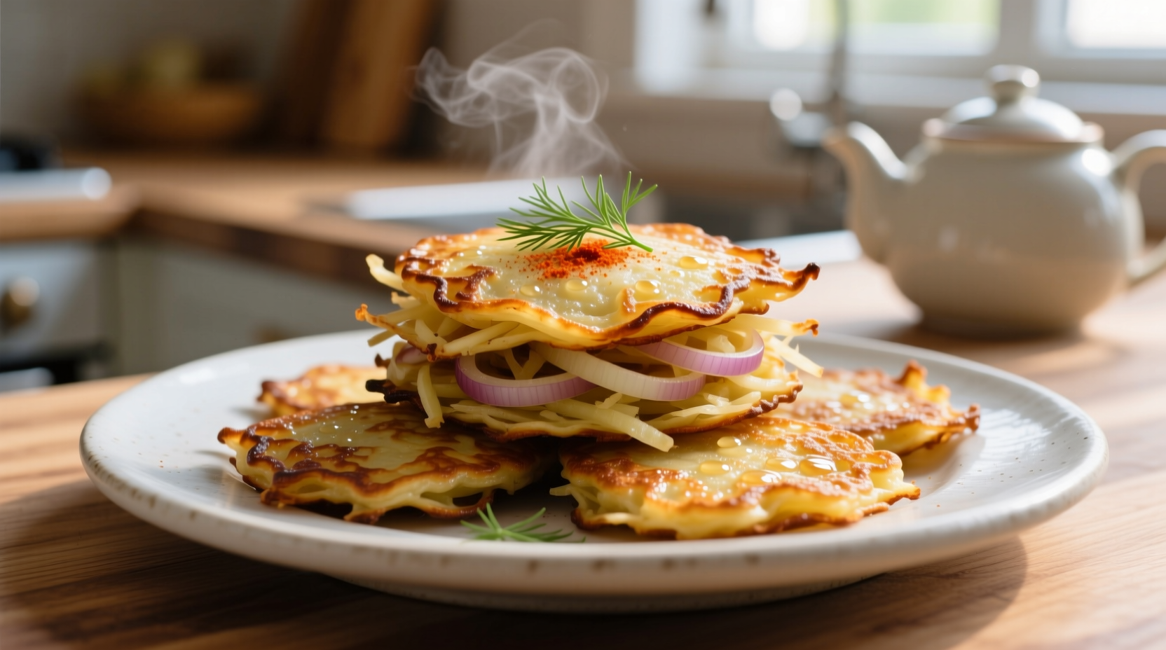 Crispy golden potato latkes on white plate