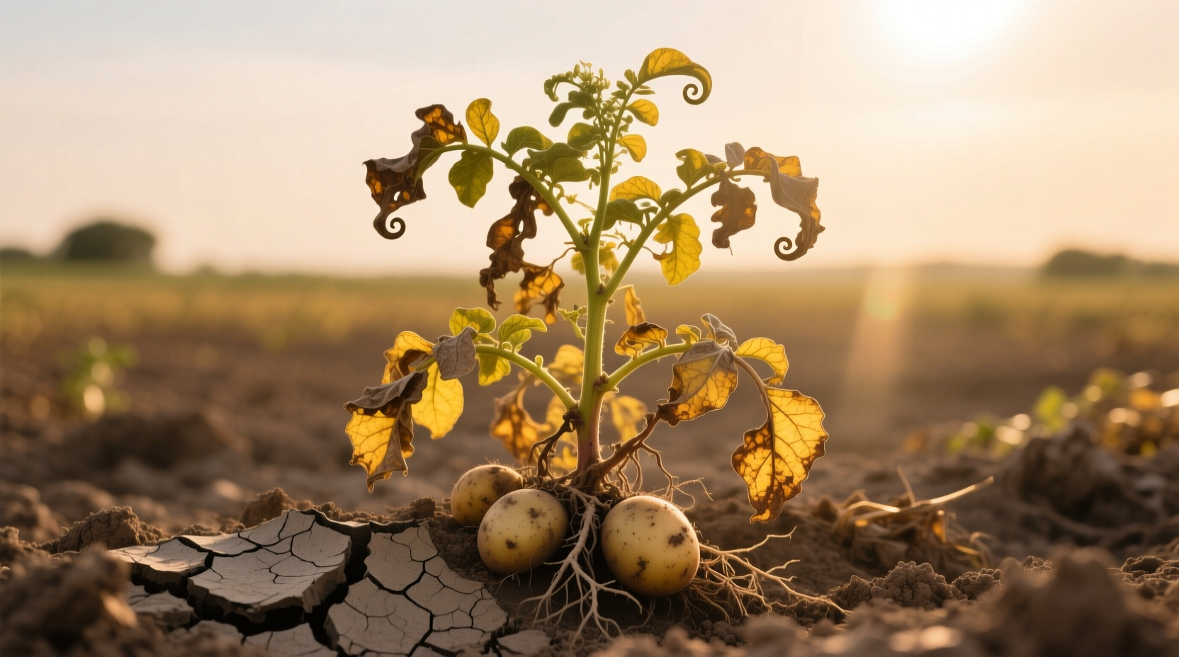 Mature potato plant showing yellowing foliage and soil cracks
