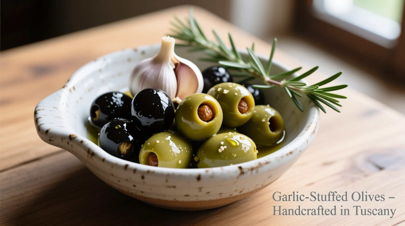 Assorted garlic stuffed olives in ceramic bowl