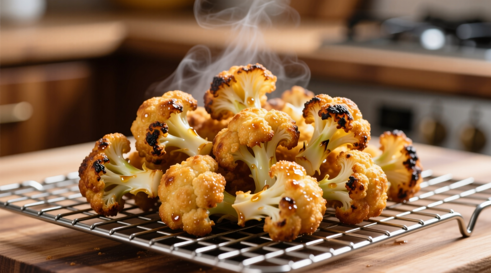 Golden brown deep fried cauliflower florets on wire rack