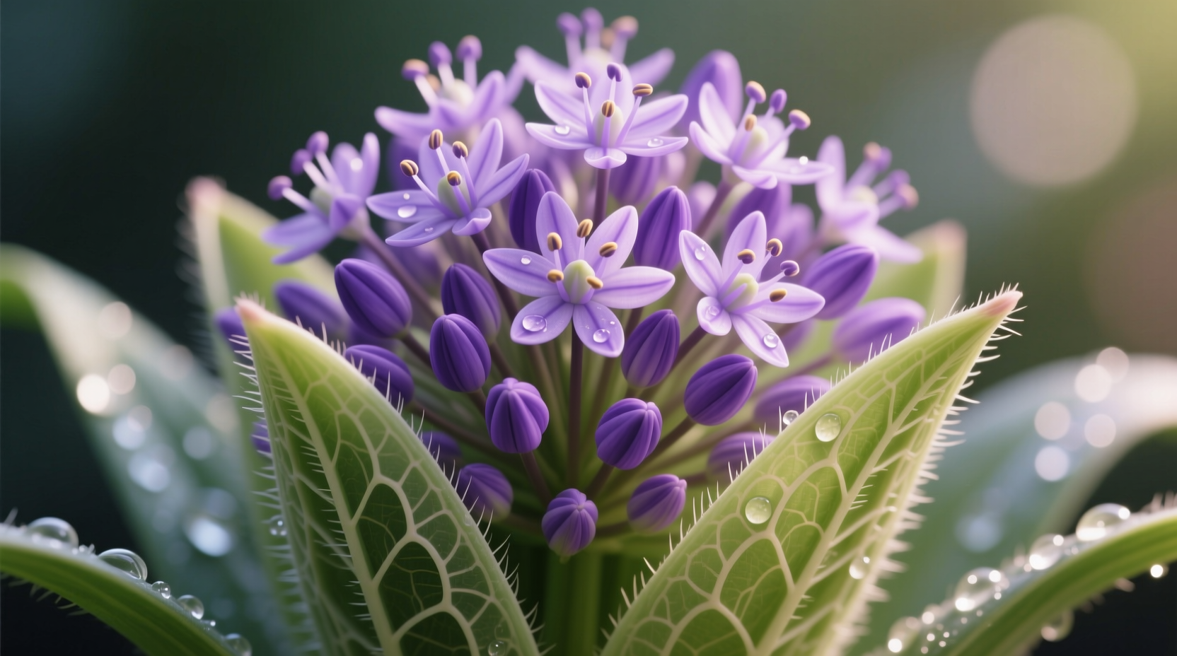 Close-up of onion weed showing hollow leaves and purple flower clusters