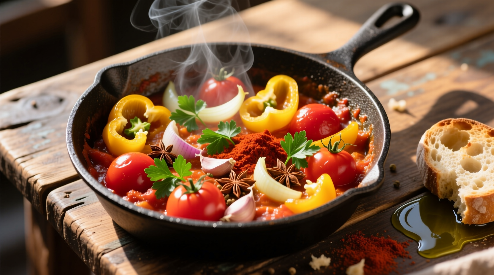 Colorful tomato shakshuka in cast iron skillet
