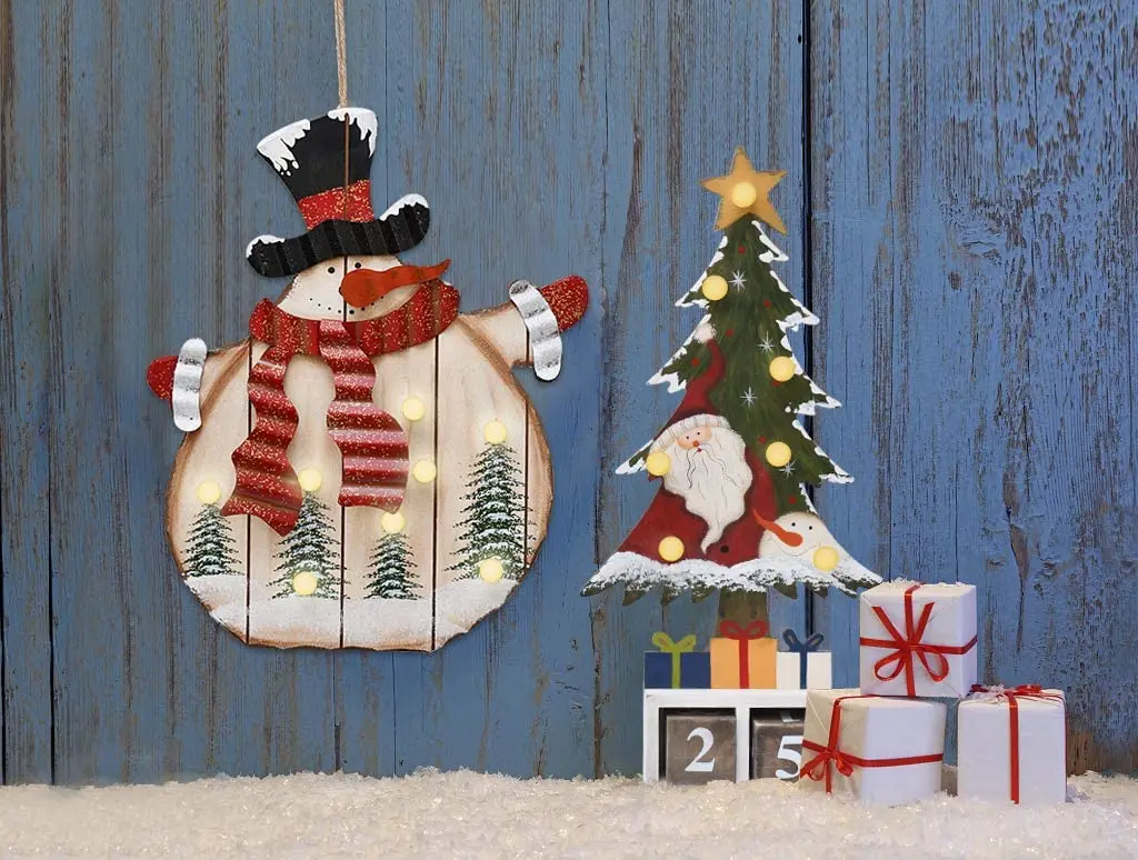 Wooden Hanging Christmas Snowman Sign with LED Bulbs - Wood Decorative Plaques for Wall Door Xmas Tree Ornament Indoor