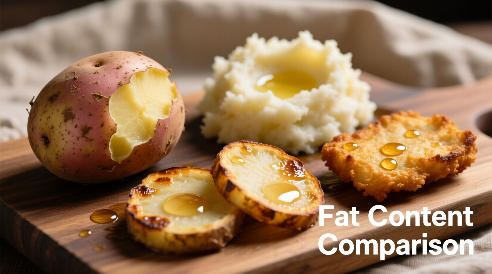 Raw potatoes next to cooked preparations showing fat differences