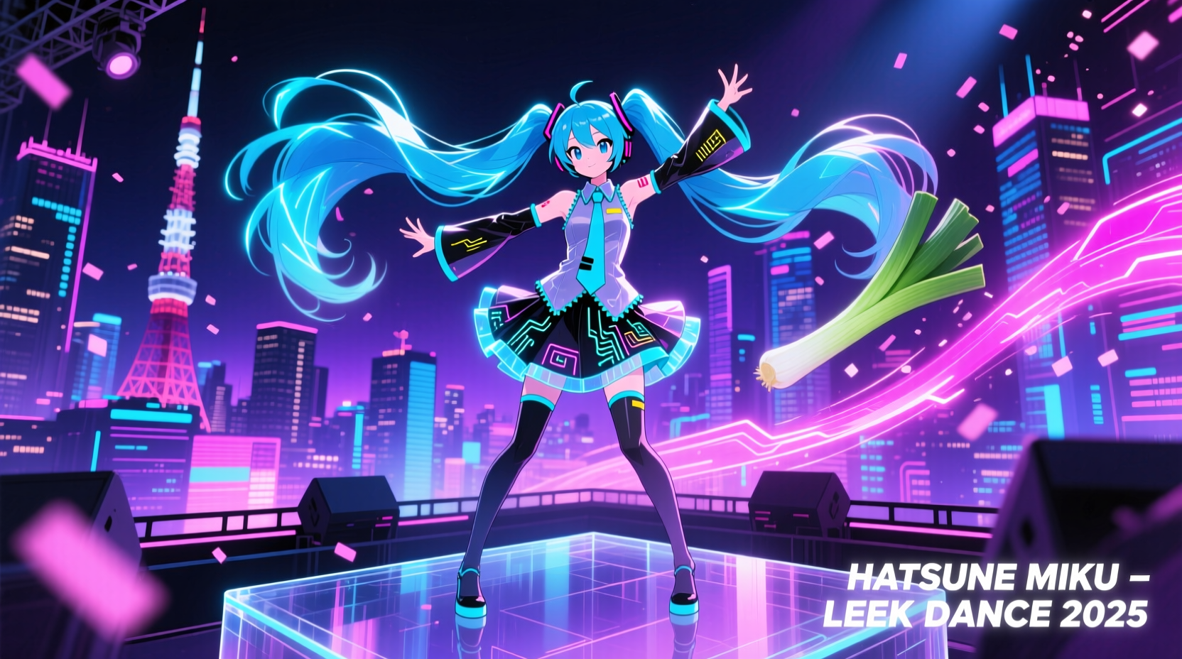 Hatsune Miku performing her iconic leek dance