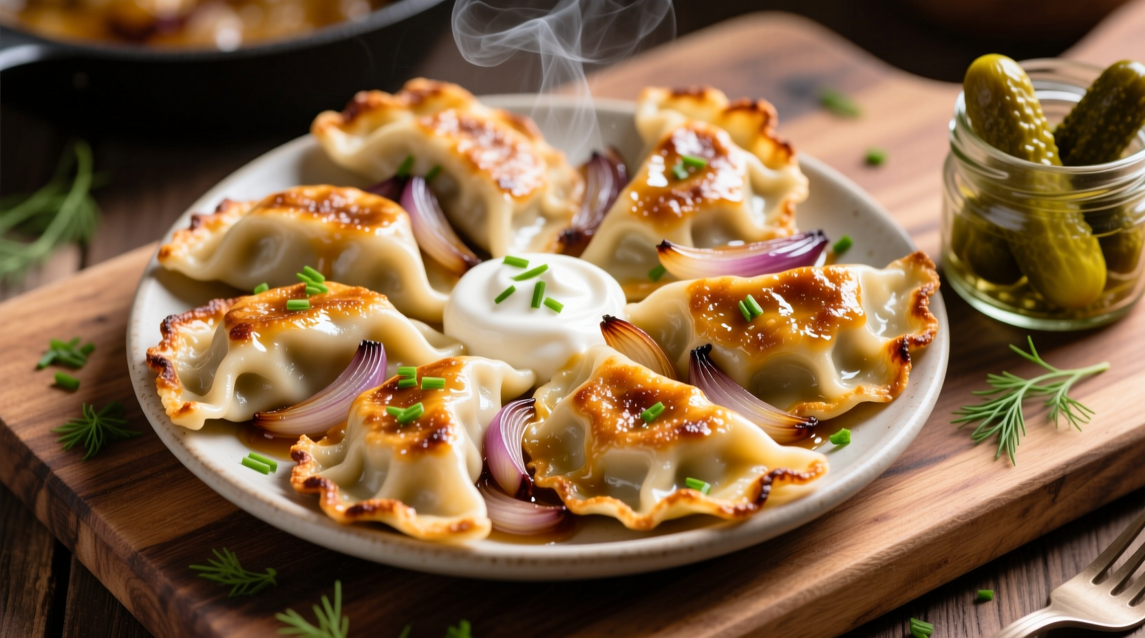 Golden brown onion pierogies with caramelized onions
