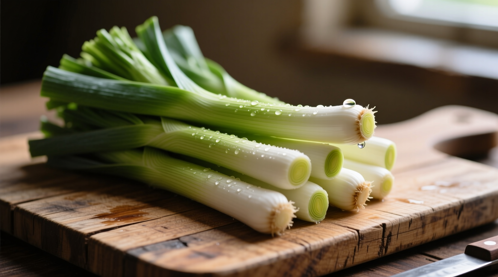 Fresh leeks arranged on wooden cutting board
