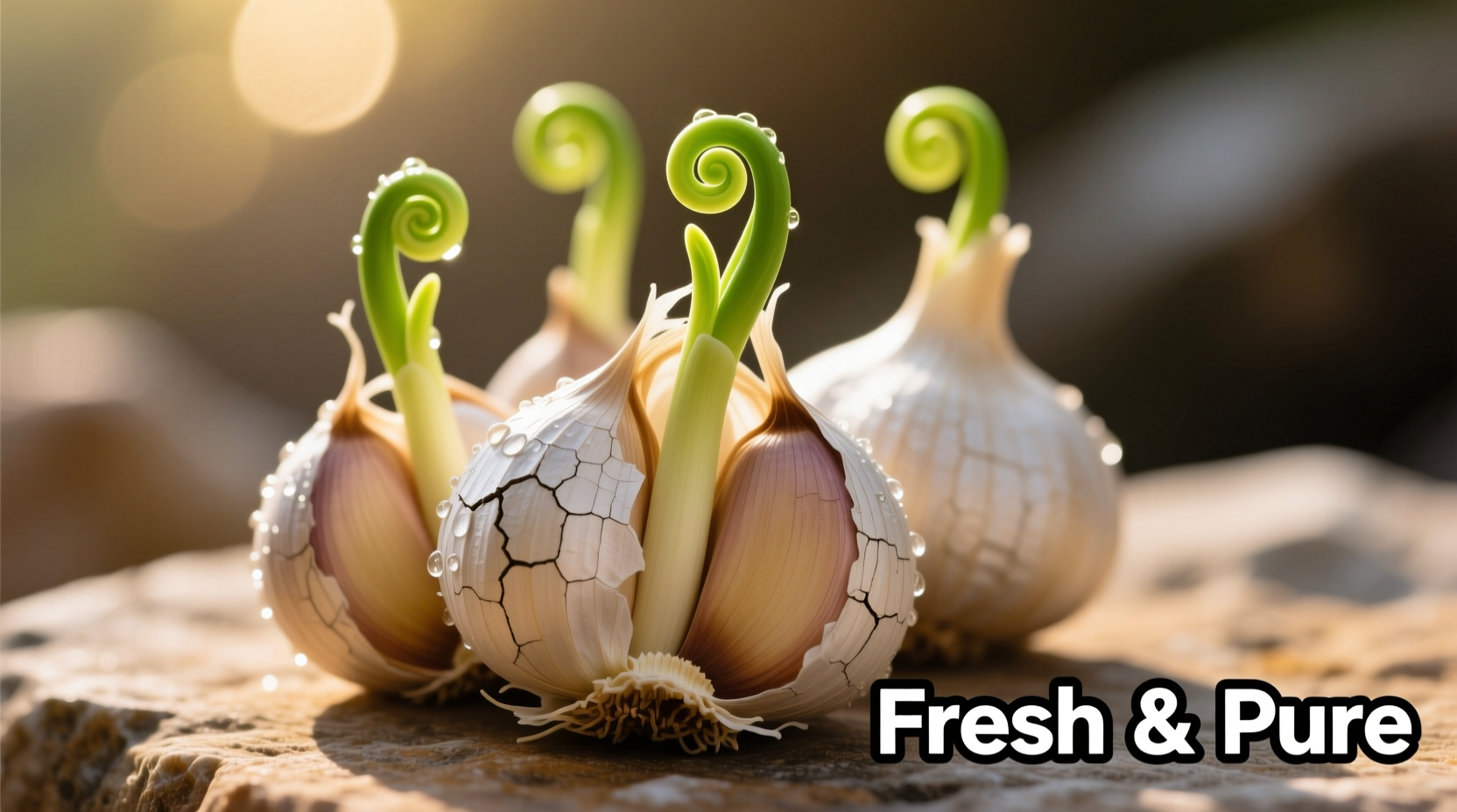 Fresh garlic cloves with sprouting green shoots