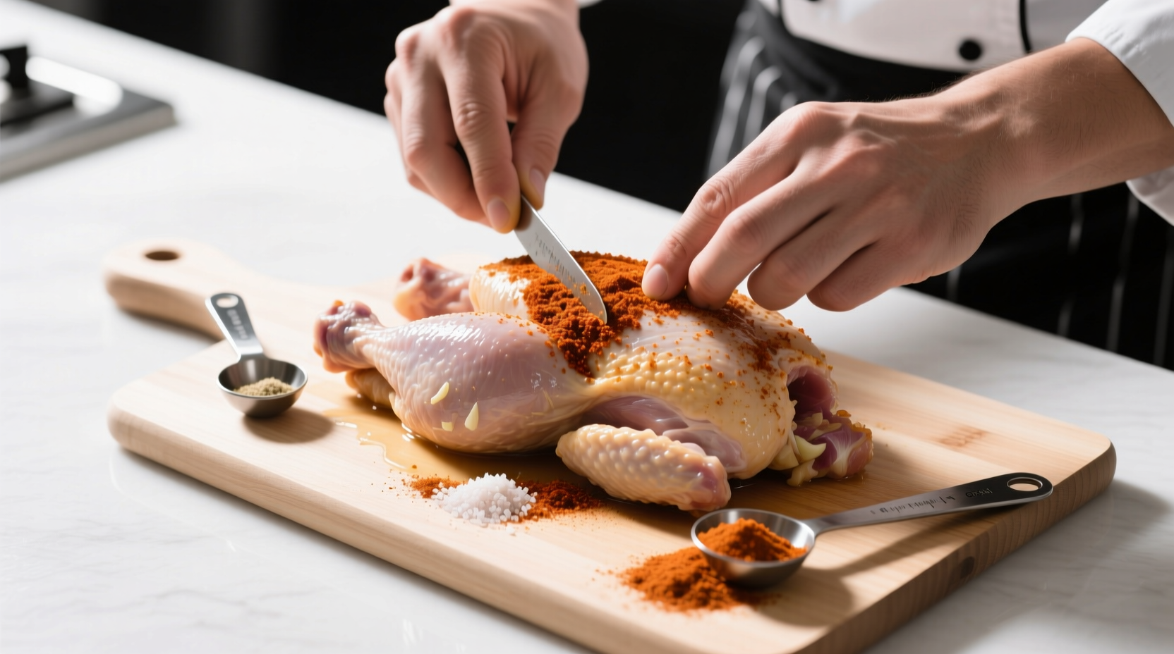 Chef's hand applying spice rub to chicken breast on cutting board with measuring spoons