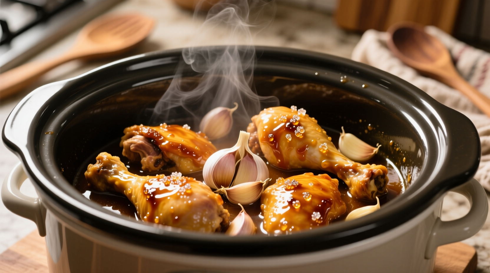 Slow Cooker mit Honey Garlic Chicken während des Garvorgangs