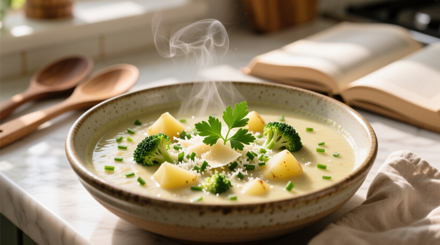 Creamy broccoli potato soup in bowl with fresh garnish