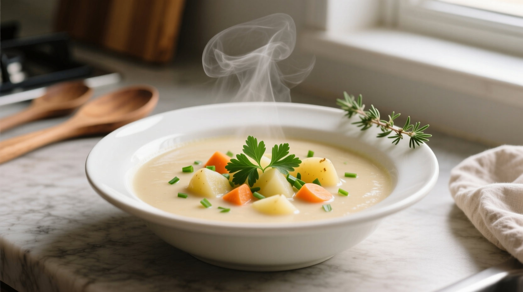Creamy potato carrot soup in white bowl with fresh herbs
