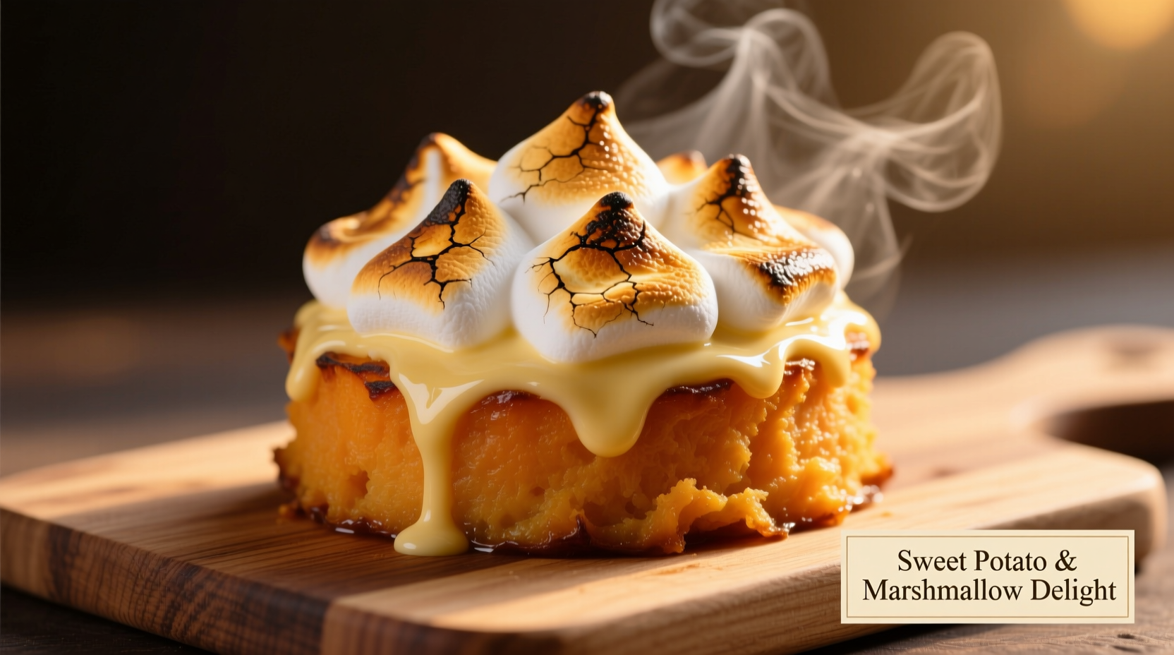 Golden baked sweet potato fluff with toasted marshmallow topping