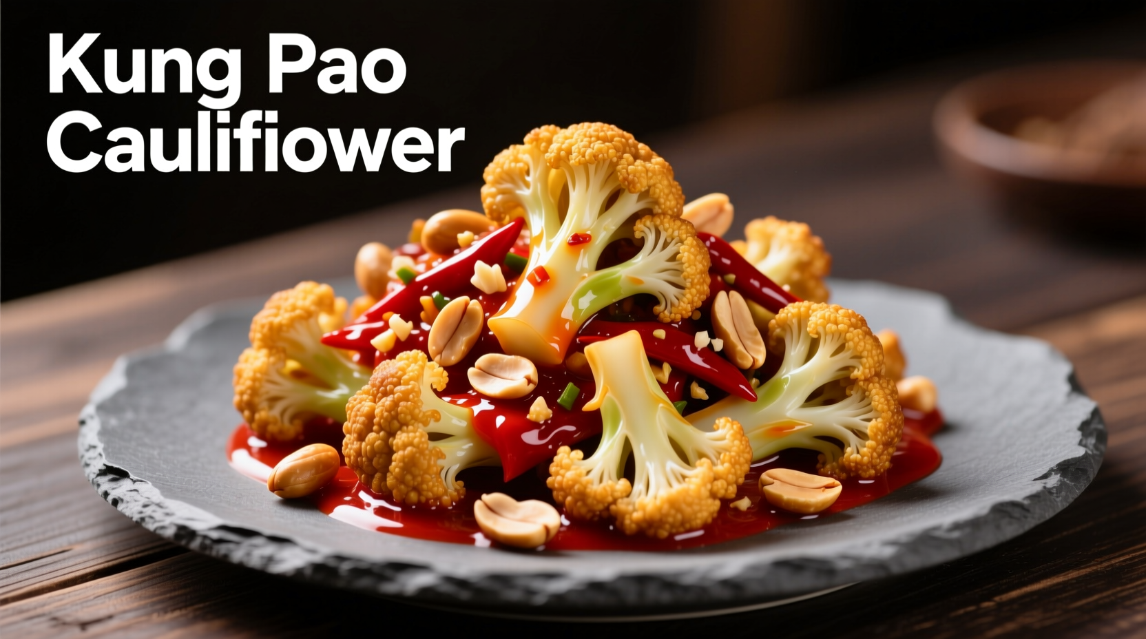 Crispy kung pao cauliflower with vibrant red sauce and peanuts