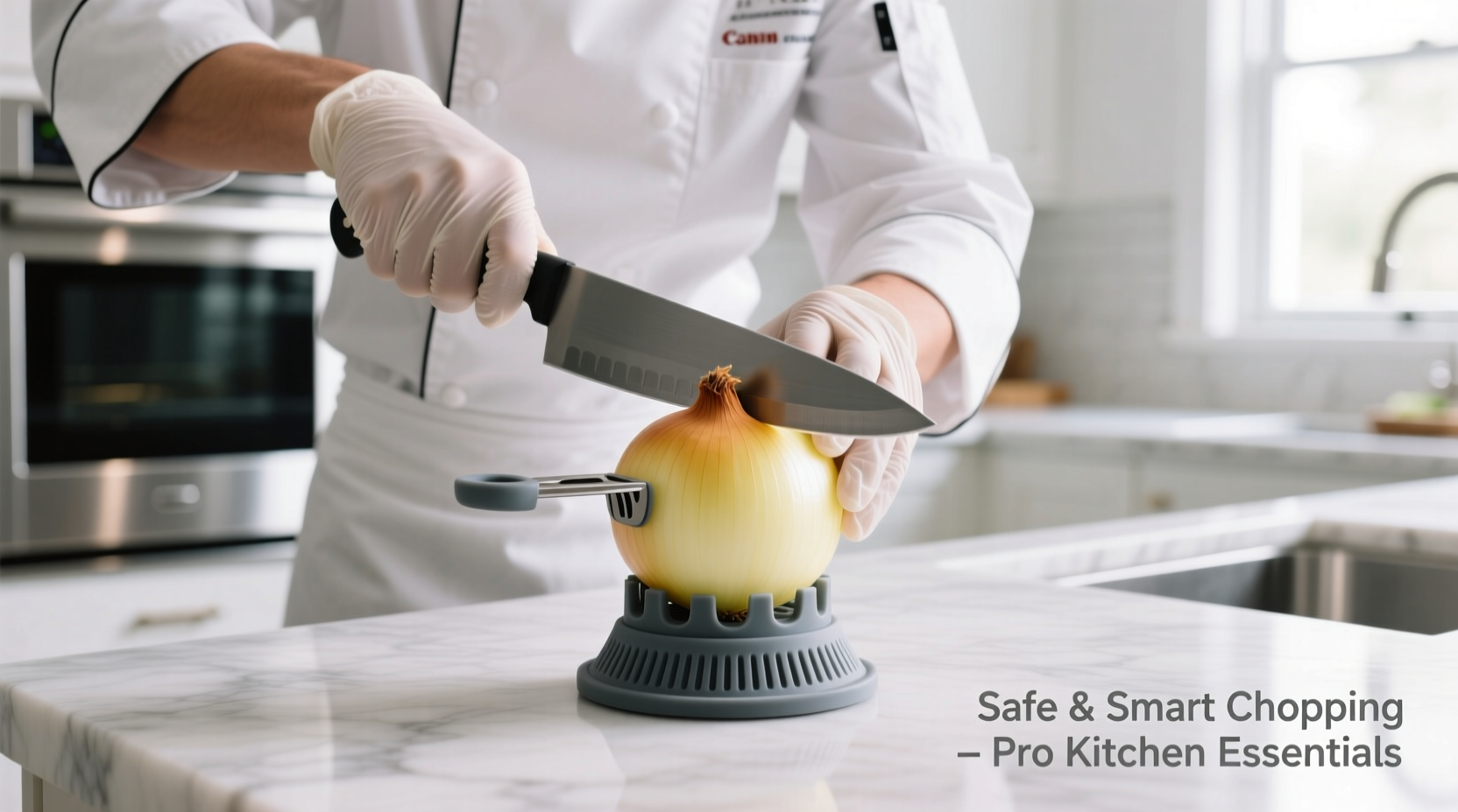 Professional chef using onion holder for safe chopping