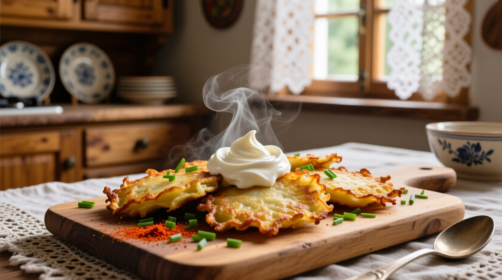 Traditional Polish potato latkes served with sour cream