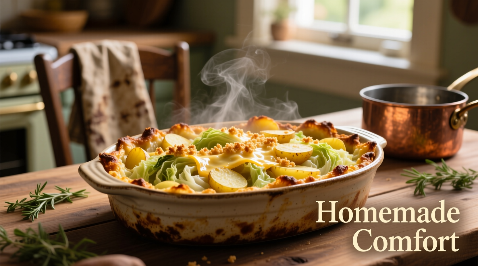 Golden potato cabbage casserole fresh from oven