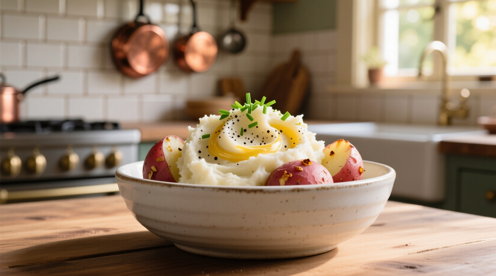 Creamy garlic mashed red potatoes in white bowl