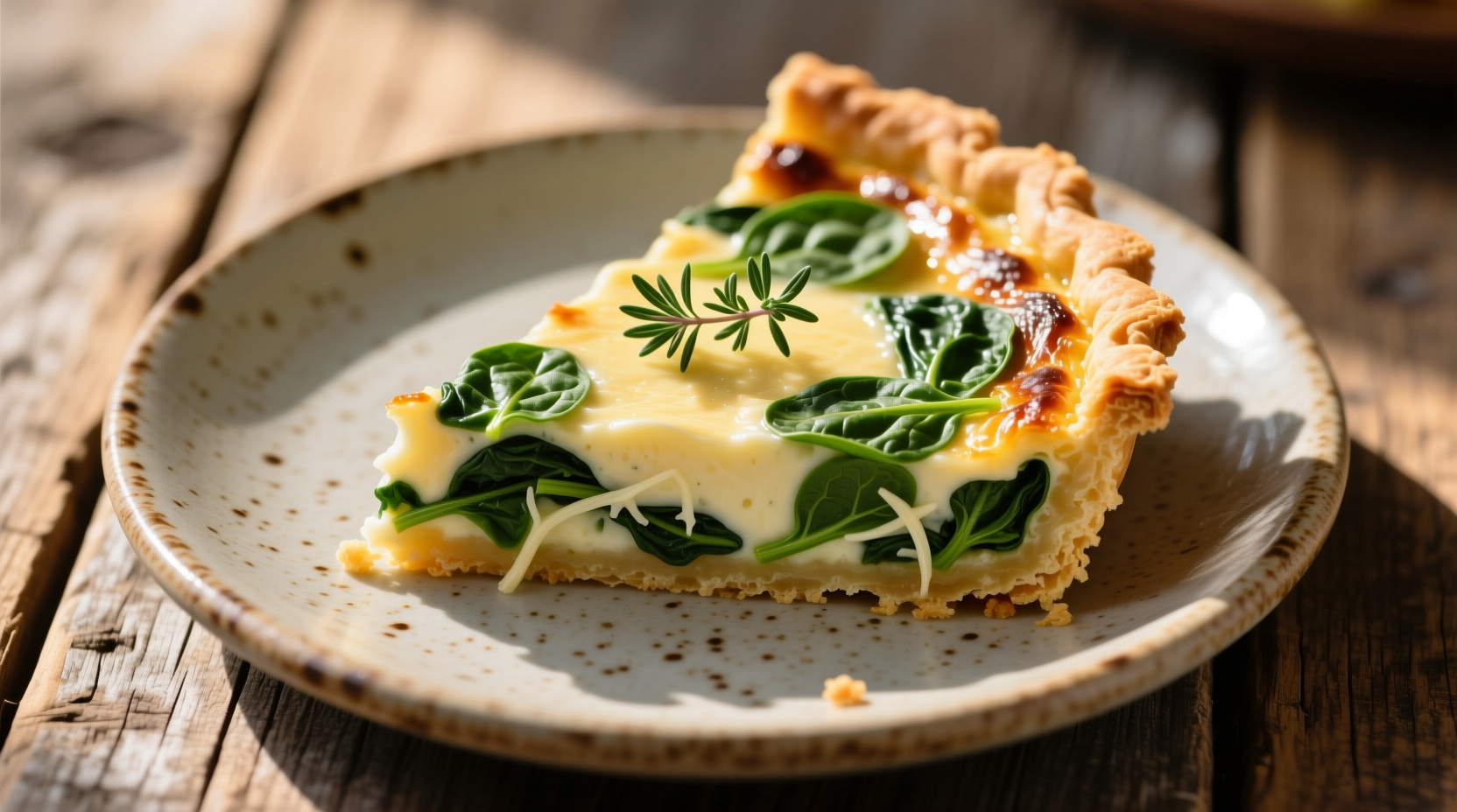 Fresh spinach quiche with golden crust
