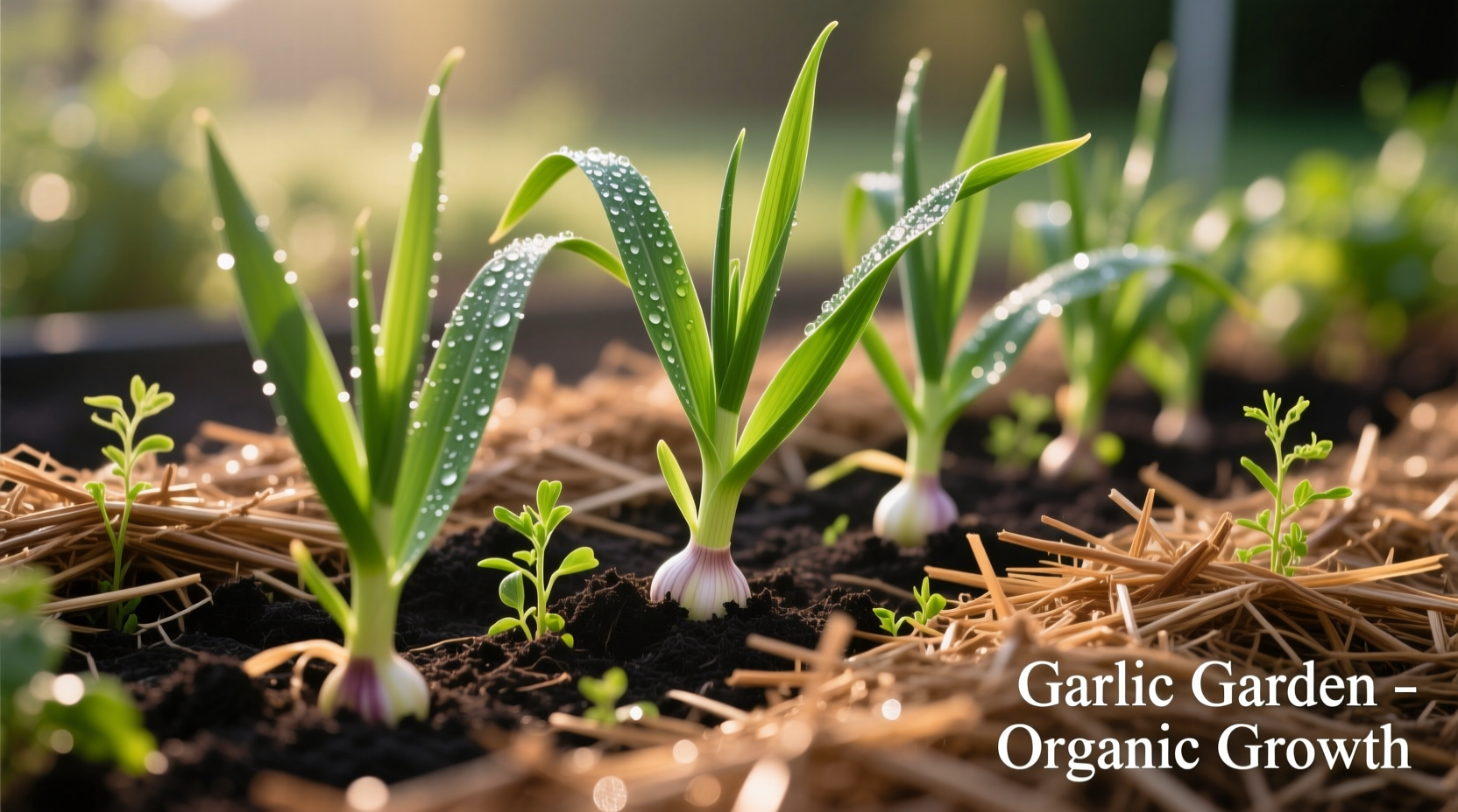 Garlic plants growing in garden soil with mulch