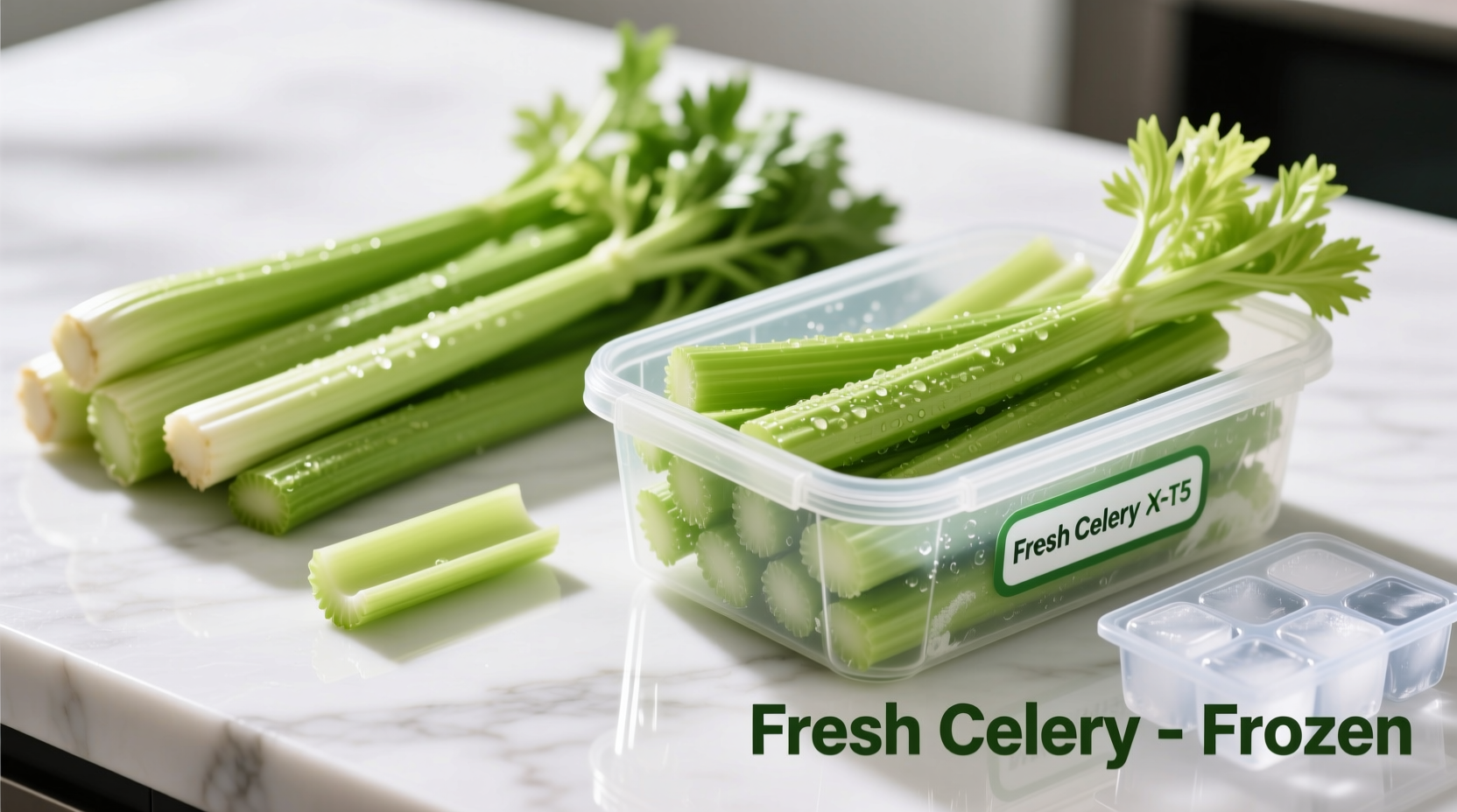 Fresh celery stalks being prepared for freezing