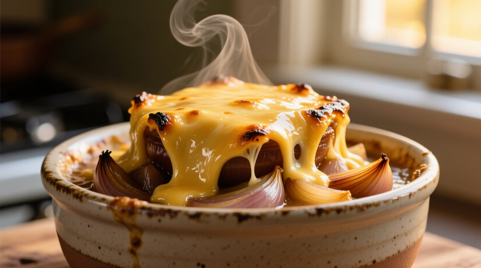 Golden melted cheese topping on French onion soup in ceramic bowl