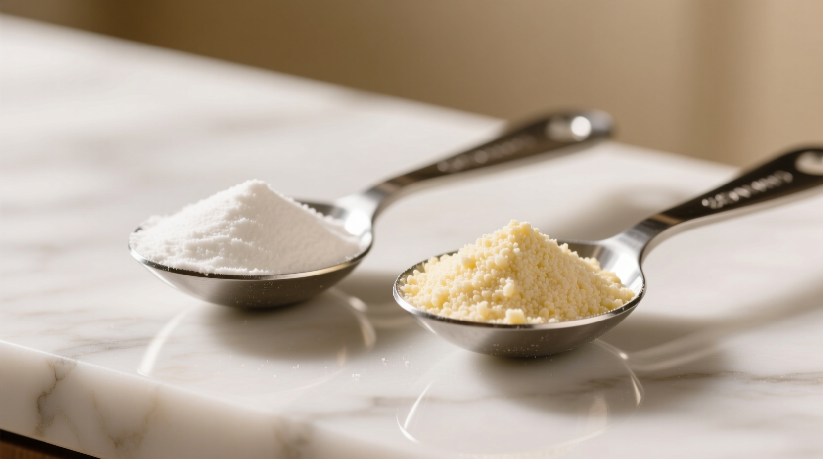Cornstarch and potato starch side by side in measuring spoons
