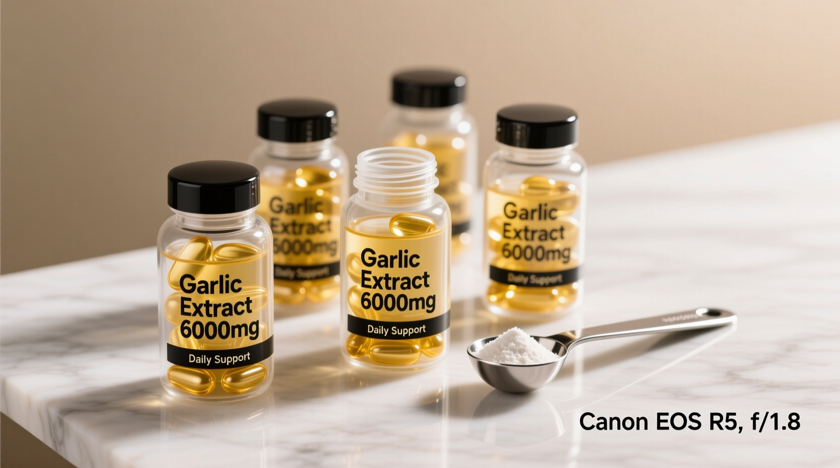 Garlic supplement bottles with measuring spoon