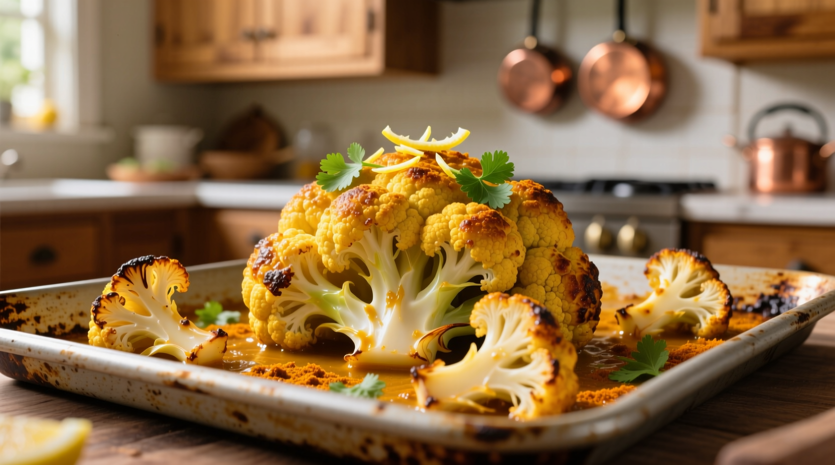 Golden curry roasted cauliflower on baking sheet