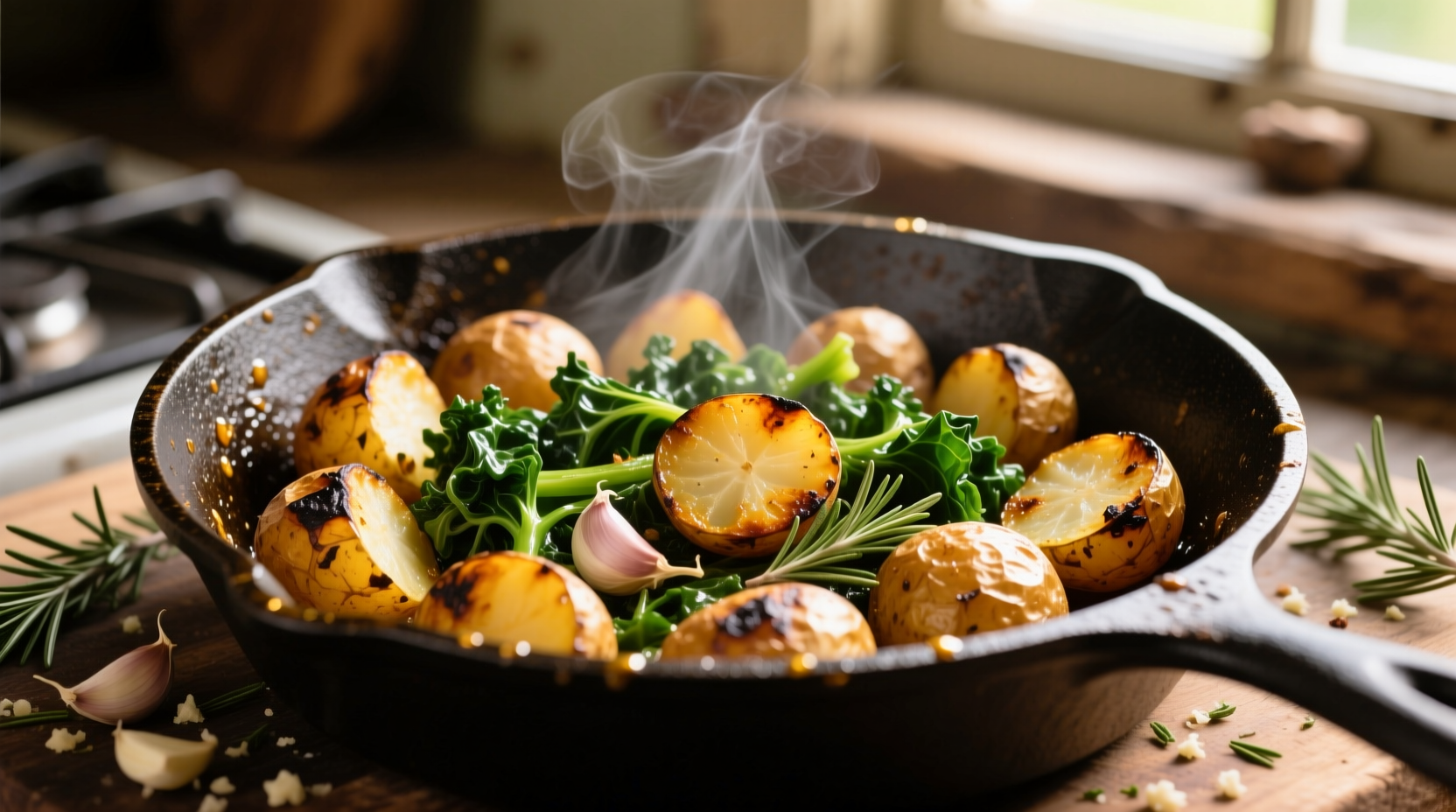 Crispy roasted potatoes with sautéed kale in cast iron skillet