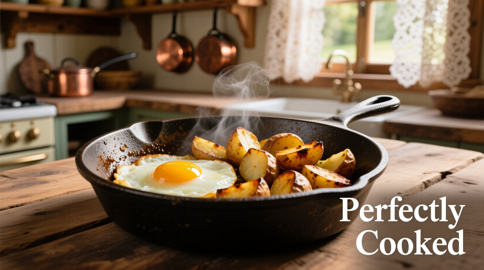 Perfectly cooked eggs and potatoes in cast iron skillet