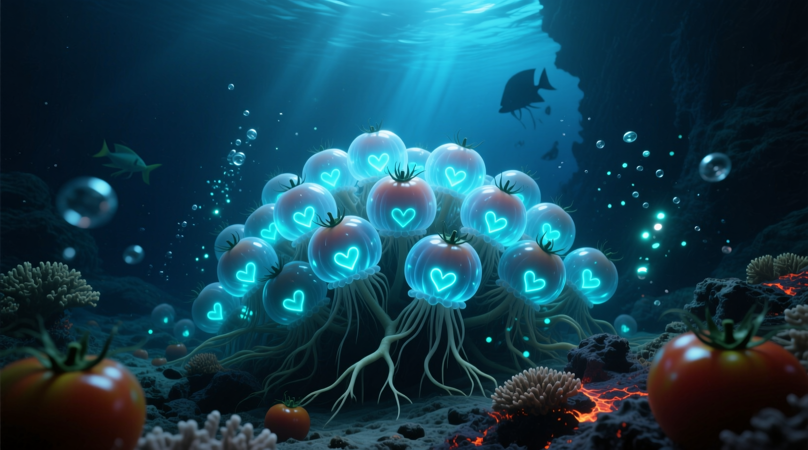 Bioluminescent sea tomato colony in deep ocean water
