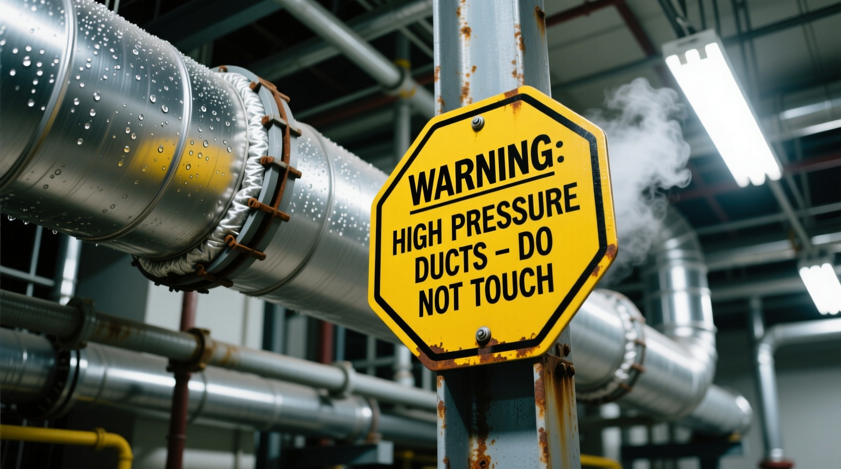 Warning sign near HVAC duct system