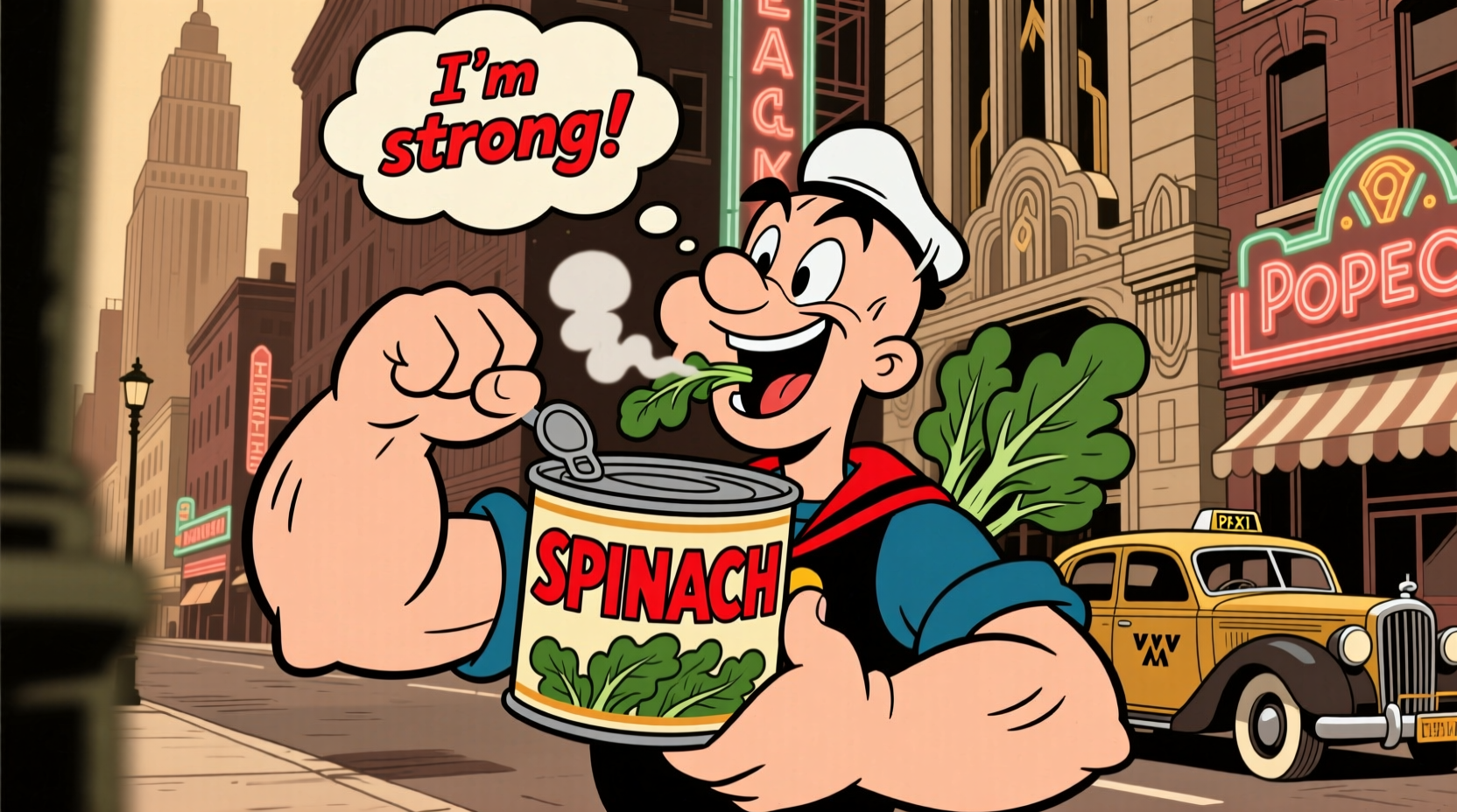 Vintage Popeye cartoon eating spinach