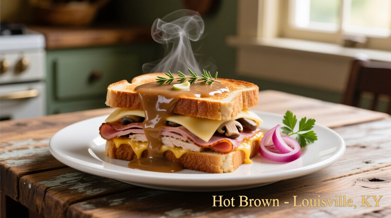 Traditional Kentucky hot brown sandwich on white plate