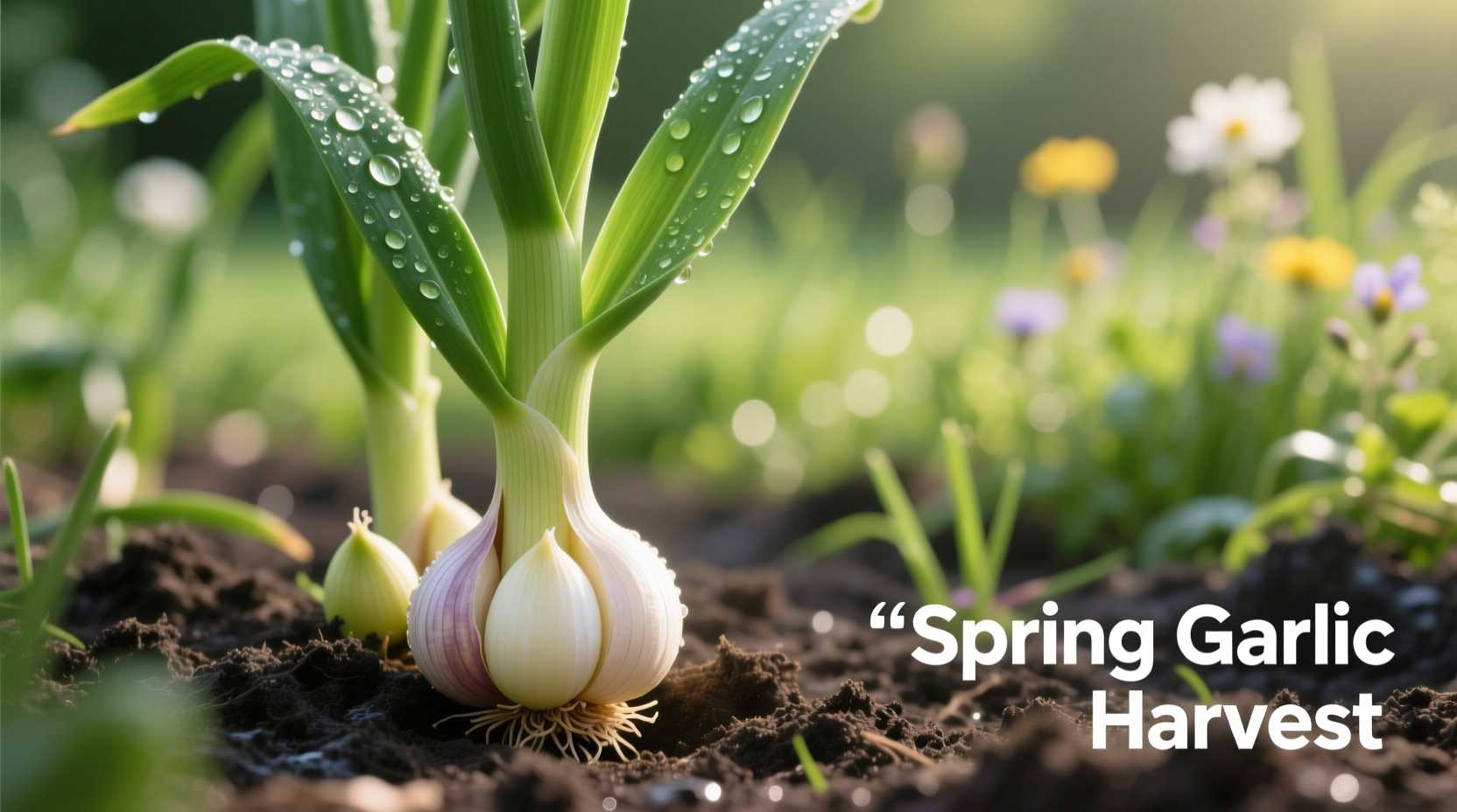 Fresh springtime garlic with green stalks and small bulb