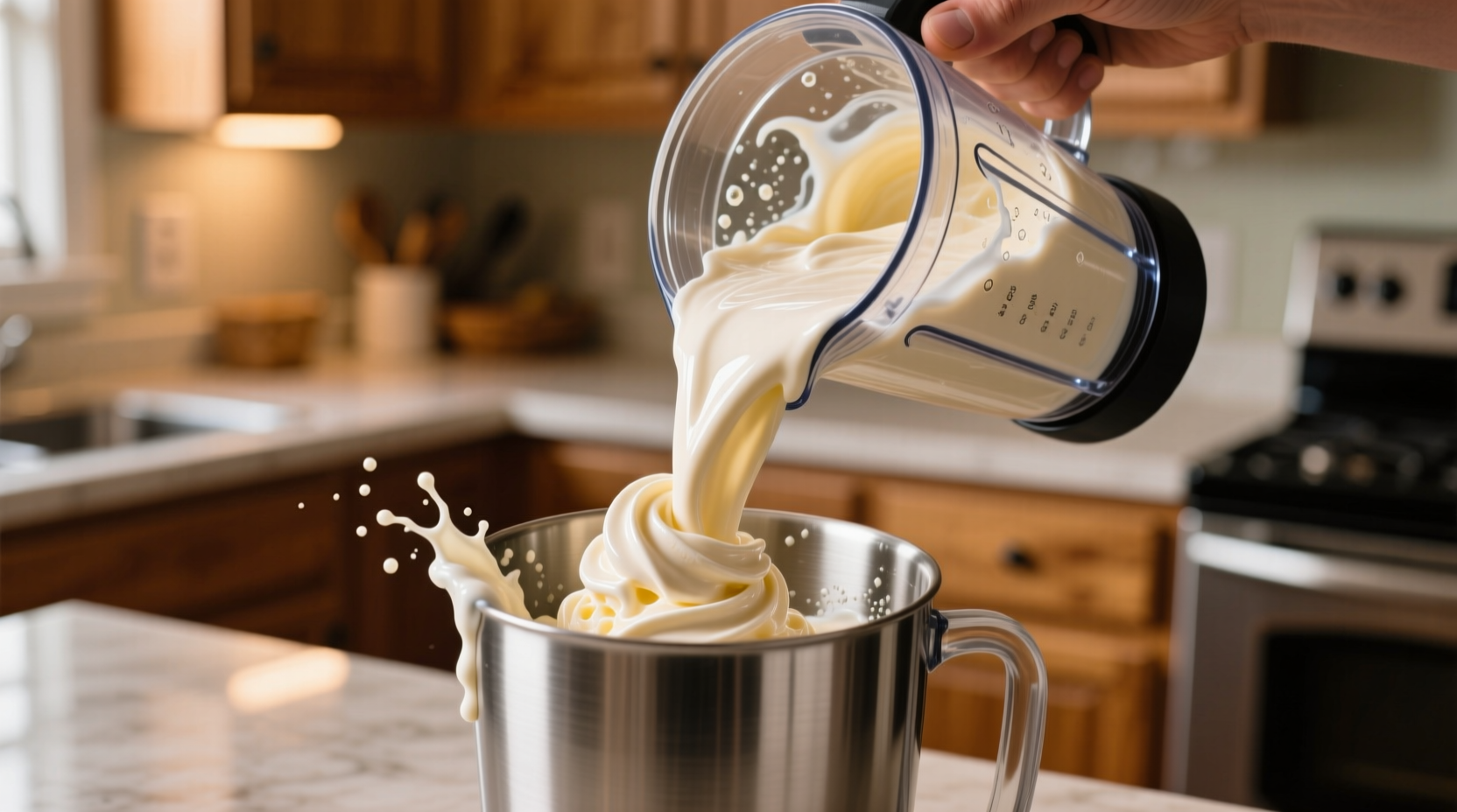 Hand pouring vanilla ice cream into blender for milkshake