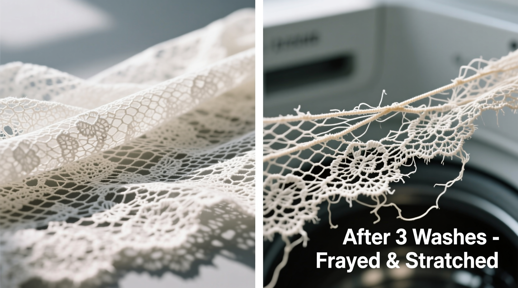Side-by-side macro photography: left shows intact lace weave after hand washing; right shows frayed, distorted mesh and stretched elastic band after three delicate-cycle washes